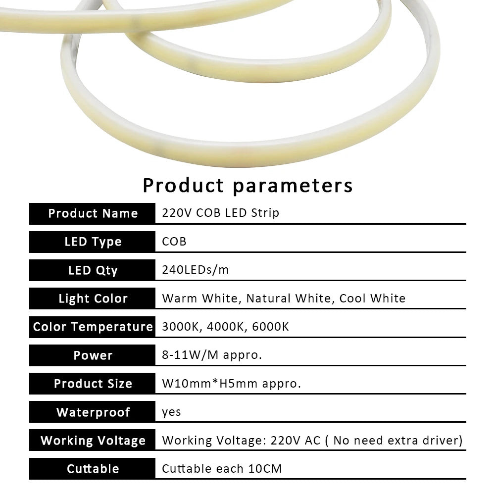 Waterproof COB LED Strip Lights – Flexible Bright Lighting for Home Décor